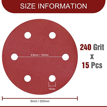 Awutzut 9 Inch 6 Hole Sanding Discs 240 Grit Hook and Loop for Drywall Sander 15PCS - style: 240 Grit