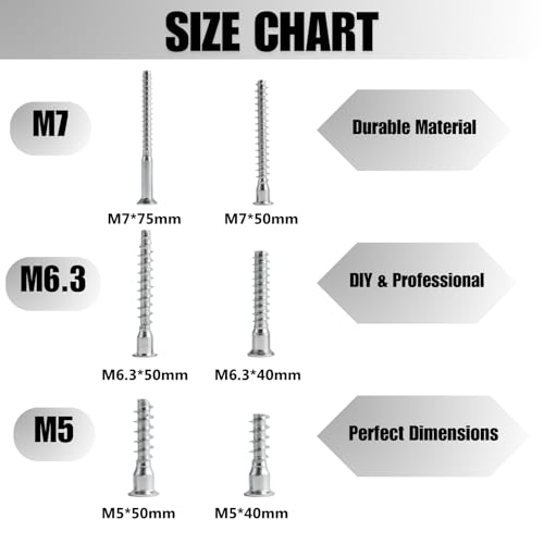 Confirmat Screws, 50 PCs Pack M7 x50mm, Hex Socket Drive Countersunk Self-Tapping Furniture Connecting Screw Set, Sturdy & Easy-to-Install - color: Silver, size: M7x50mm