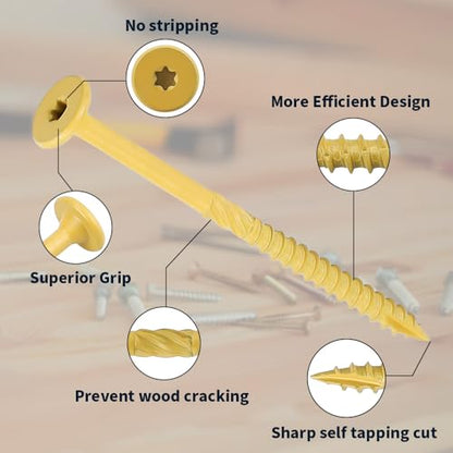 12 Pack 1/4 x 8 inch Heavy-Duty Structural Wood Screws, Star Drive, Rust Resistant Screws for Deck, Timber, Log, Landscaping, Yellow Epoxy Coated, Sharp Self Tapping Point, T30 Bit Included - color: Yellow, size: 1/4 x 8"