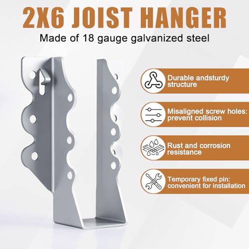 2x6 Joist Hangers Galvanized 20 Pcs,16 Gauge Face Mount Joist Hanger - size: 2" x 6"