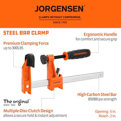 Jorgensen 6" Light-Duty Steel Bar Clamp Set, 300 lbs Load Limit, 2-Pack - size: 6 Inch Light Duty