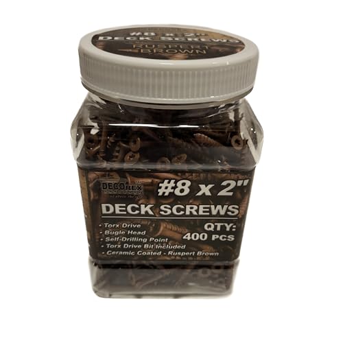 #8 × 2″ Brown Ruspert®-Coated Deck Screws – Bugle Head, Torx Drive with Bit, Self-Drilling – 400 pcs Jar – for ACQ Treated Wood, Deck Framing, Trim & Exterior Projects - size: #8 x 2" (400pcs Jar)