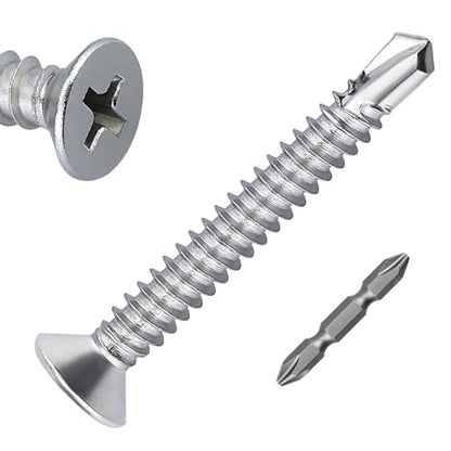 30pk #14 x 3 Flat Head Self-Drilling Sheet Metal Screws, 410 SS + Bit - size: #14 x 3"