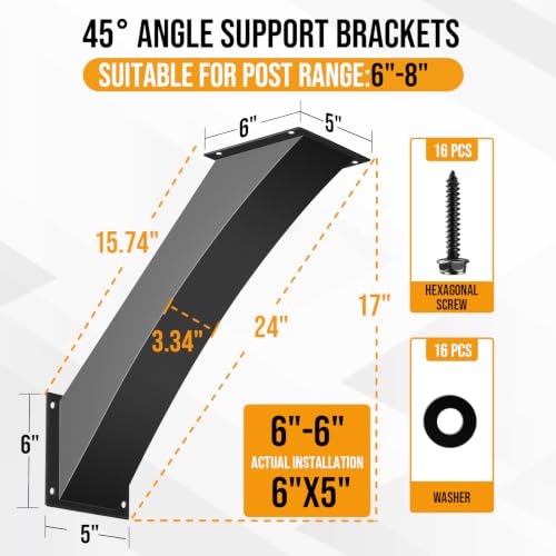Heavy Duty 45 Arc Degree Angle Support Brackets for 6"×6" Post,2pcs - size: 6"x6"-2 Pack