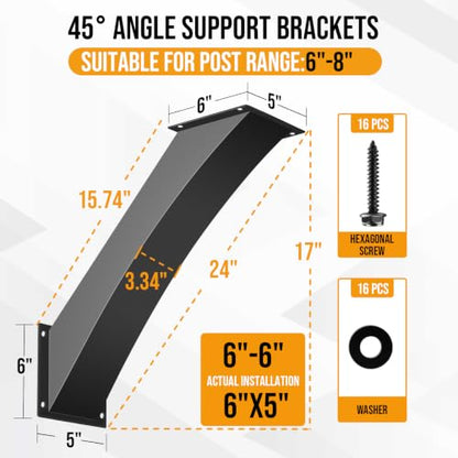 Heavy Duty 45 Arc Degree Angle Support Brackets for 6"×6" Post,2pcs - size: 6"x6"-2 Pack