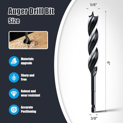 2PCS 5/8"x6" Auger Drill Bit for Wood,Hex Shank Tri Flute Drill Bit - size: 5/8"x6"(2pc)