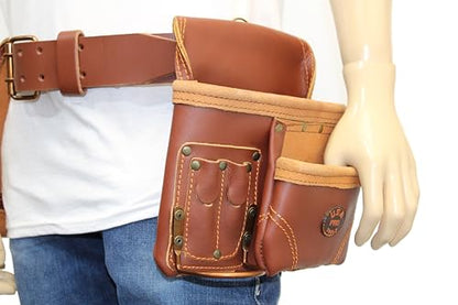 Genuine Brown Leather Framer’s Tool Belt – Commercial‑Grade 2″ Universal Belt – 2 Sliding Tool Pouches (5 pockets each), Nail Pouch & Dual Hammer Holders – Carpenter, Contractor Rig