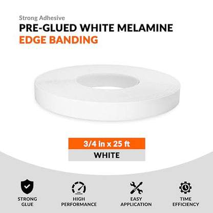 White Edge Banding 3/4 inch x 25 ft Melamine Iron On Adhesive Edging Cabinet Repair Laminate Shelf Board Countertop Furniture Strip Wood Veneer Tape Trim Peel Stick Cabinet Molding Vinyl PVC Iron - color: White, size: 3/4 in x 25 ft