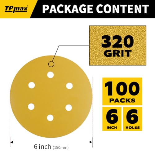 100PCS 6 Inch 320 Grit 150mm 6 Hole Sanding Discs Sandpaper - Premium Gold Round Hook and Loop for Random Orbital Sander - Ideal for Wood, Metal, Automotive - style: 320 Grit - 100 Pack