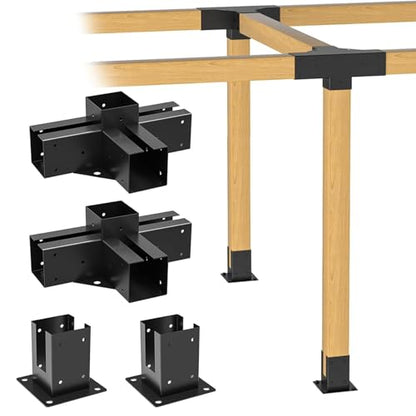 4x4 Pergola Brackets Kit, 3.6 in, 2 4-Way Corners, 2 Post Bases - color: 4-Way+Post Base--4Pack