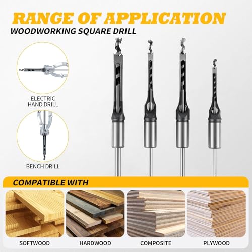 Square Hole Drill Bit 1/4" 5/16" 3/8" 1/2" and Adapter