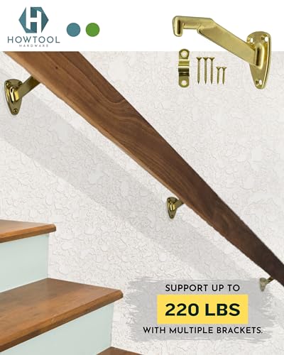 Heavy Duty Brass Plated Zinc Handrail Brackets Extended Neck Wall Mount Design Includes Screws for Stair Railing Support 2 Pack | HOWTOOL