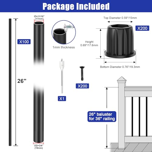 BLIKA 100 Pack 26" Aluminum Deck Balusters with Connectors/Screws, 3/4" OD Hollow Round Aluminum Balusters for Deck Railing, Black Metal Deck Balusters Staircase Spindles - size: Round-26"