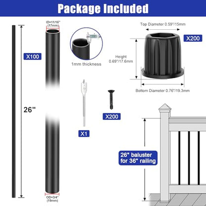 BLIKA 100 Pack 26" Aluminum Deck Balusters with Connectors/Screws, 3/4" OD Hollow Round Aluminum Balusters for Deck Railing, Black Metal Deck Balusters Staircase Spindles - size: Round-26"