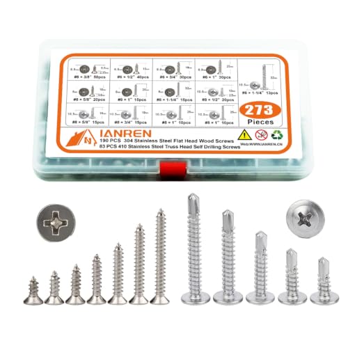 273Pcs Stainless Wood Screws Assortment, 304 Flat & 410 Self Tapping - size: Assortment Kit (273pcs)