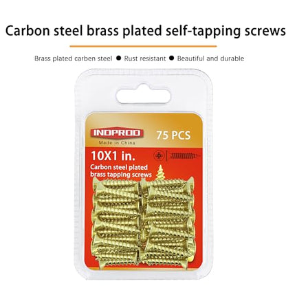 #10 x 1 in. Wood Screw, Phillips Flat Head Self Tapping Screws, Brass Plated Carbon Steel, Brass Plated Screws, Wood Screws #10 X 1 Inch, 75Pcs - size: #10 × 1"