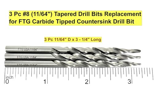 FTG USA 3 Pk #8 (11/64") HSS M2 Tapered Replacement Bits for TCT Countersink - size: #8 (11/64"), style: Standard Flute 3-Pack