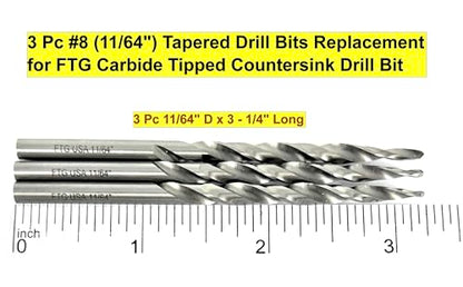 FTG USA 3 Pk #8 (11/64") HSS M2 Tapered Replacement Bits for TCT Countersink - size: #8 (11/64"), style: Standard Flute 3-Pack