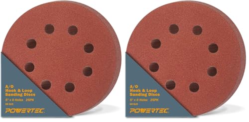 POWERTEC 50PK, 60 Grits, Sanding Discs 5 Inch - Hook and Loop, 5 Inch 8 Hole Aluminum Oxide Sandpaper Discs, Woodworking Sanding Pads for Random Orbital, Palm, Air, DA & Pneumatic Sander (45006)