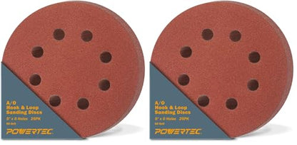 POWERTEC 50PK, 60 Grits, Sanding Discs 5 Inch - Hook and Loop, 5 Inch 8 Hole Aluminum Oxide Sandpaper Discs, Woodworking Sanding Pads for Random Orbital, Palm, Air, DA & Pneumatic Sander (45006)
