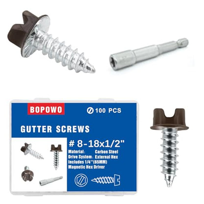 100 Pcs #8X 1/2" Self-Tapping Gutter Screws Brown Painted Slotted Hex Washer Head #8X 1/2 Zinc Plated Finish, Includes 1/4" Magnetic Hex Driver – for Gutter Install - size: Brown 8-18*1/2（100pcs)