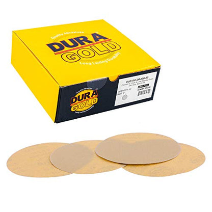 Dura-Gold Premium 6" Gold Sanding Discs, 220 Grit, Hook & Loop, Box of 50 - size: 220-Grit