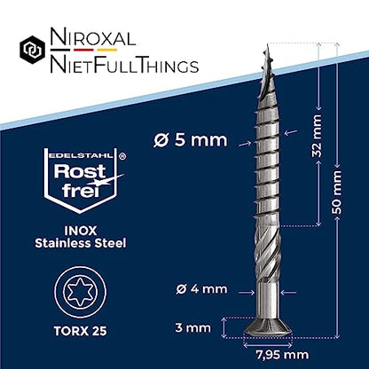 #10-2" | 25 Piece Deck Screws 5 x 50 mm | Perfect for 20 mm Panels | Hardened C1 Stainless Steel | Torx 25 | Exterior Rust Resistant Wood Screws - size: 50 mm ≈ 1.97 in