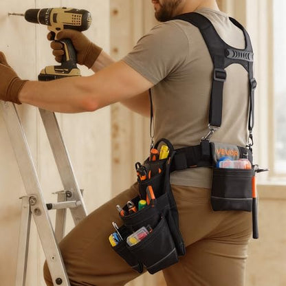 VEVOR Tool Belt, 19 Pockets Tool Pouch with Suspenders for Men, Heavy Duty Adjustable Utility Belt Work Bag Detachable Suspension Rig for Electrician, Carpenter, Construction, Adjust Waist 31 to 51in - size: 19 Pockets