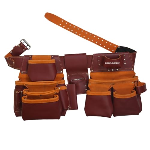 Heavy Duty Leather Tool Belt for Carpenters, Framers, Electricians, with Multiple Pouches and Pockets