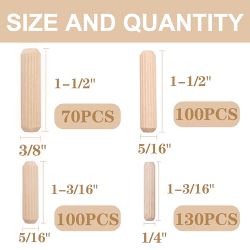 smseace 400PCS Straight Groove Wooden Dowel Pins with Tapered End with Bevel Angle, 1/4inch 5/16inch 3/8inch(6mm, 8mm, 10mm) Wooden Dowel Pins, Used for Crafts, Furniture, DIY Manual