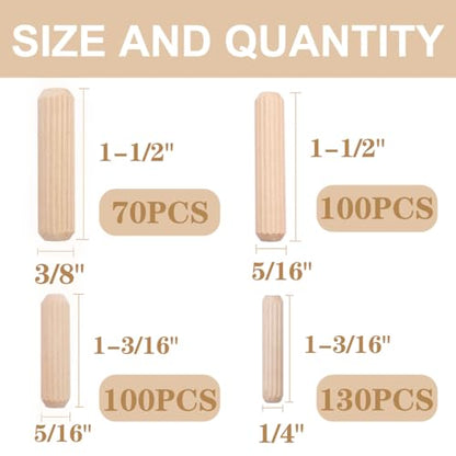 smseace 400PCS Straight Groove Wooden Dowel Pins with Tapered End with Bevel Angle, 1/4inch 5/16inch 3/8inch(6mm, 8mm, 10mm) Wooden Dowel Pins, Used for Crafts, Furniture, DIY Manual