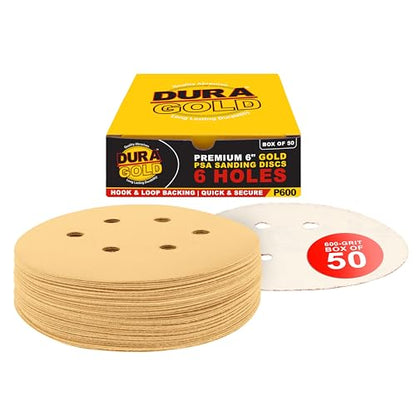 Dura-Gold 6" Gold Sanding Discs, 600 Grit, Box of 50, 6 Hole Pattern, H & L - size: 600-Grit