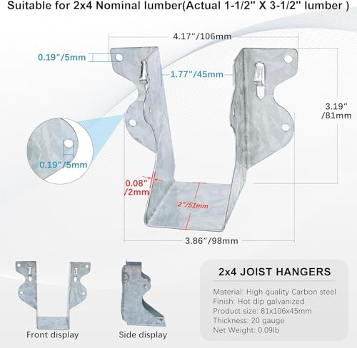 LukLoy 20 Pack 2x4 Joist Hanger 20 Gauge Galvanizing Face Mount Joist Hangers for Wood - size: 2" X 4"