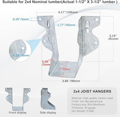 LukLoy 20 Pack 2x4 Joist Hanger 20 Gauge Galvanizing Face Mount Joist Hangers for Wood - size: 2" X 4"