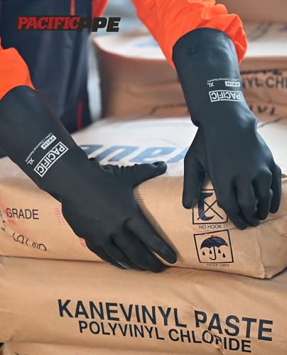 PACIFIC PPE 2 Pairs Chemical Resistant Gloves, Heavy Duty Industrial Rubber Gloves, Resist Acid, Alkali and Oil, 12.6", Medium - color: 12.6"/Black (2 Pairs), size: M/8