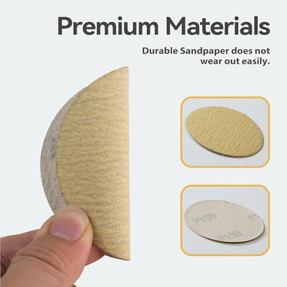 CowboyBOB 3 Inch 50PCS Hook and Loop Sanding Discs No Hole 150 Grit Gold Aluminum Oxide Orbital Sander Sandpaper Air Random Orbital Sander Paper for Wood Auto Body Paint Metal Polishing Use - size: 50 PCS 150 Grit