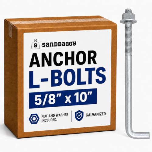 Sandbaggy 5/8" x 10" Threaded Concrete Anchor L-Bolts (Nuts & Washers Included) - Hot Dipped Galvanized - Sill Plate, Base Plate, Masonry, Wood, Cement Anchors, J Bolt (10, 5/8” x 10”) - size: 5/8” x 10”