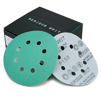 Serious Grit - 5-Inch 8-Hole P150 Grit Sanding Discs - 50 Pack Box - size: 150 Grit