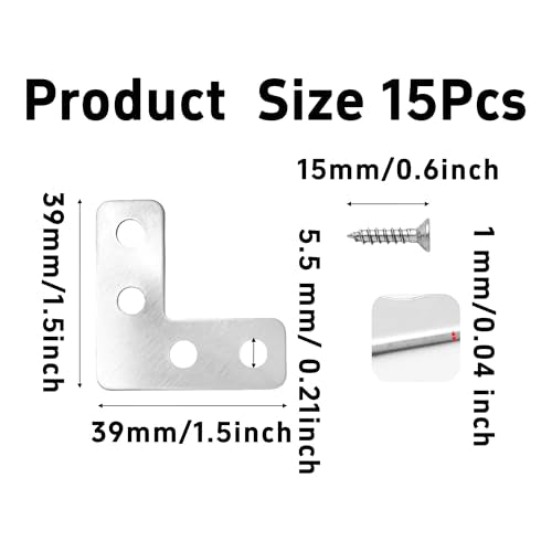 15Pcs 1.5"x1.5" L Shape Flat Corner Bracket, Stainless Steel Angle Plate, Heavy Duty Repair Brace with Screws for Wood, Furniture, Cabinets, Shelves, Metal Frame, Right Angle Mending Plate - size: 1.5"x1.5"