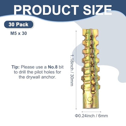 M METERXITY 30-Pack M5 x 30 Drywall Anchors, Metal Expansion Bolt for Drywall/Stucco/Hollow/Brick/Concrete Wall, Fixing Stripped Screw Holes[Gold Tone]