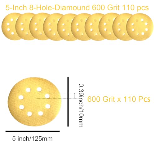 110Pcs 5 Inch Hook and Loop Sanding Discs | 8-Hole Dust-Free, 600 Grits Yellow Diamond | 135G Latex Backing | for Wood/Metal/Auto