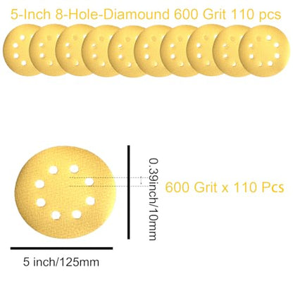 110Pcs 5 Inch Hook and Loop Sanding Discs | 8-Hole Dust-Free, 600 Grits Yellow Diamond | 135G Latex Backing | for Wood/Metal/Auto