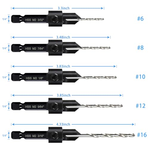 5-pc Countersink Drill Bit Set, 3in1 Woodworking Counterbore Hole Drill Bits for #6 8 10 12 16 Screws, Depth Adjustable M2 Pilot Drill Bits, 82-Degree Chamfer, 1/4” Hex Shank, 2 Allen Wrench - size: 5 Piece Countersink Bit Set (#6 #8 #10 #12 #16)