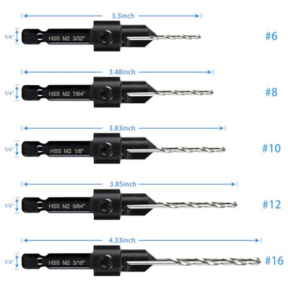 5-pc Countersink Drill Bit Set, 3in1 Woodworking Counterbore Hole Drill Bits for #6 8 10 12 16 Screws, Depth Adjustable M2 Pilot Drill Bits, 82-Degree Chamfer, 1/4” Hex Shank, 2 Allen Wrench - size: 5 Piece Countersink Bit Set (#6 #8 #10 #12 #16)
