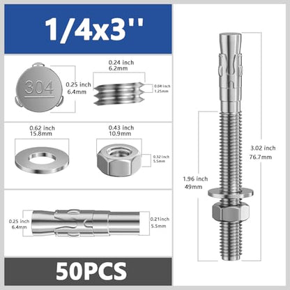 Wensilon 50Pcs 1/4x3 Inch Standard Fasteners for Heavy-Duty 304 Stainless Steel Wedge Anchors for Cement and Concrete - size: 1/4x3"