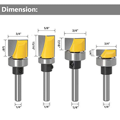 Yakamoz Flush Trim Router Bit Set, 4Pcs 1/4" Shank Ball Bearing Carbide