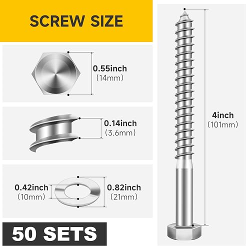 Mywish (50Sets) 3/8" x 4" Lag Bolts, 304 Stainless Steel 3/8 inch Lag Screws Bolts for Wood, Heavy Duty Hex Head with Flat Washers Bolt Kit, Bright Finish - size: 3/8 x 4"