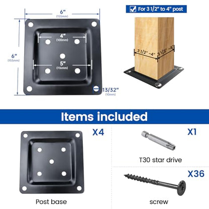 Muzata 4Pack 4"×4" Carbon Steel Wood Post Plate Connector WT08 - size: 4"×4"