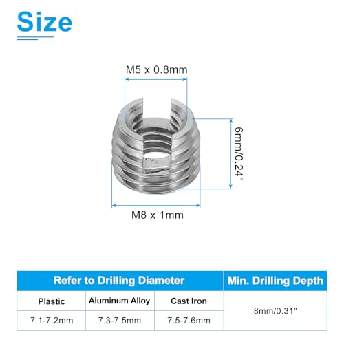PATIKIL Self-Tapping Threaded Inserts, 20 Pcs M5 x M8 x 6mm 303 Stainless Steel Thread Adapter Reducer Slotted Screw Repair Inserts Nuts Sleeve - size: M5 x M8 x 6mm