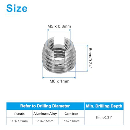 PATIKIL Self-Tapping Threaded Inserts, 20 Pcs M5 x M8 x 6mm 303 Stainless Steel Thread Adapter Reducer Slotted Screw Repair Inserts Nuts Sleeve - size: M5 x M8 x 6mm